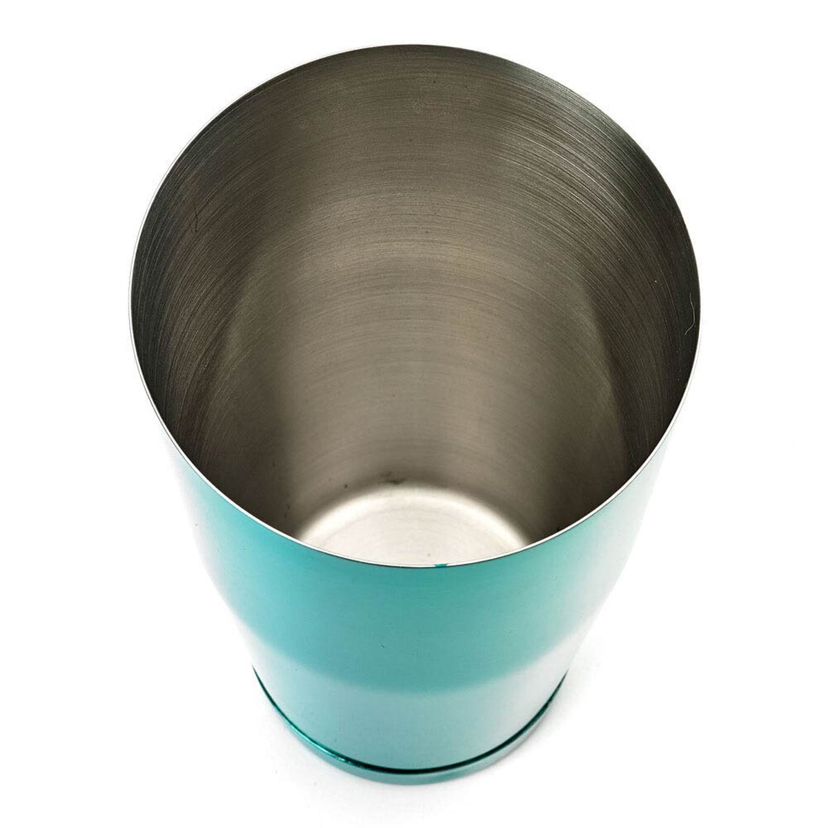 Top-down view of Barfly shaker tin showing brushed satin stainless steel interior