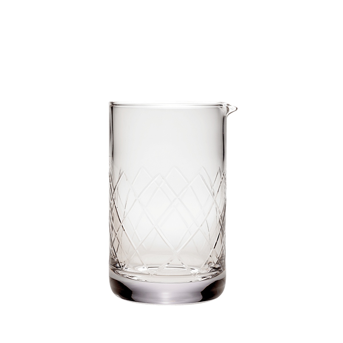 Barfly M37088 24 oz clear mixing glass with diamond-cut pattern exterior and pour spout on white background