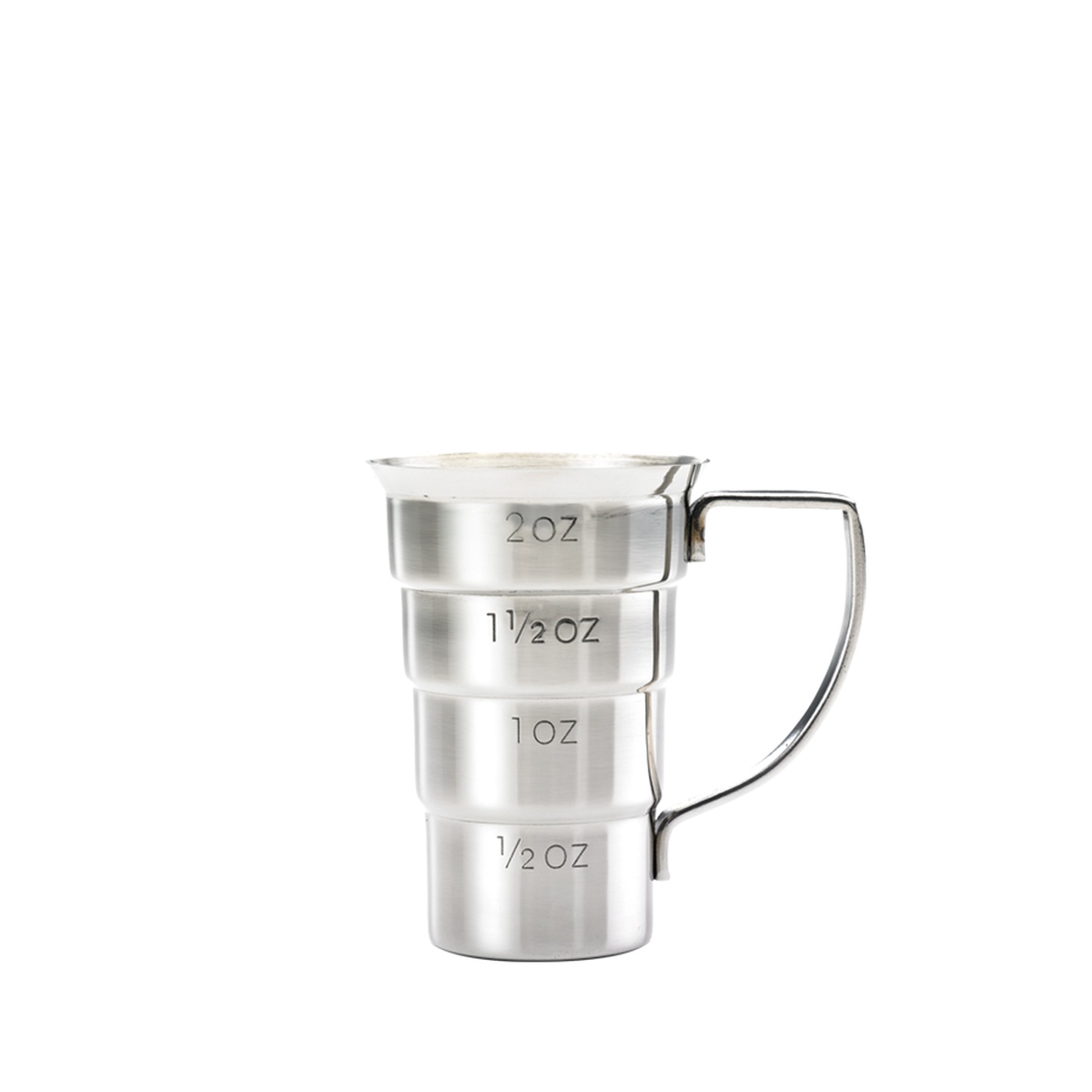 Barfly M37108 stainless steel stepped jigger with handle showing etched 1/2 oz, 1 oz, 1-1/2 oz, and 2 oz measurement markings