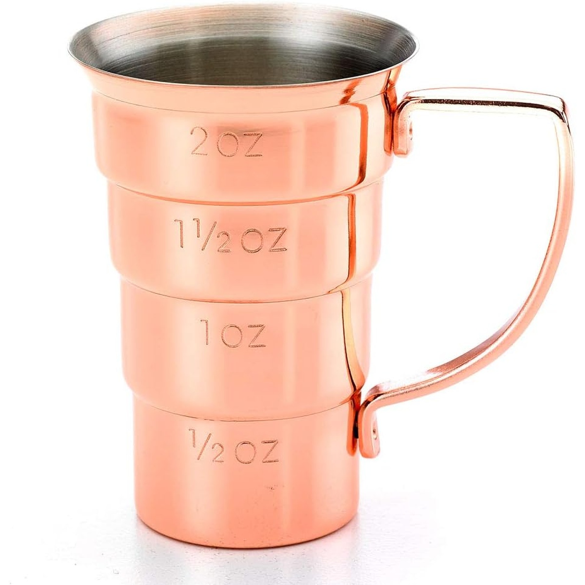 Angled view of copper-plated Barfly jigger showing flared top edge and ergonomic handle