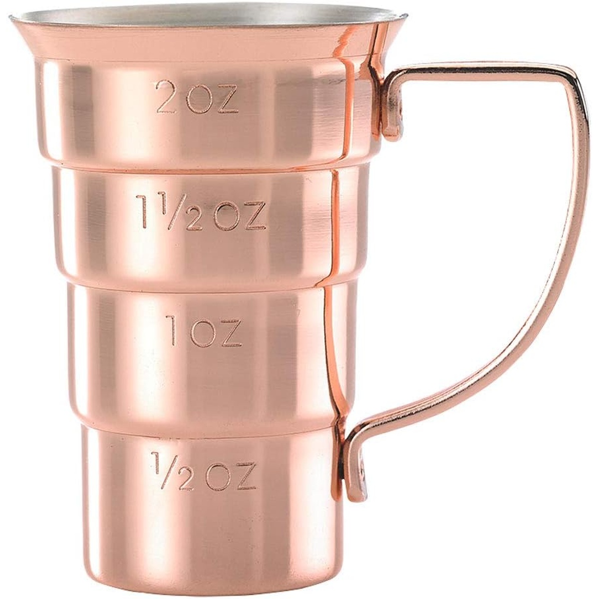 Barfly M37108CP copper-plated jigger showing embossed oz measurement markings on exterior