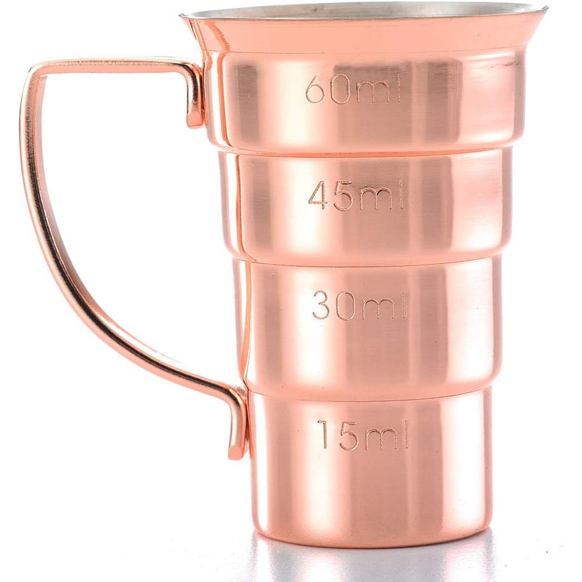 Barfly copper jigger displaying milliliter measurement markings: 15ml, 30ml, 45ml, 60ml
