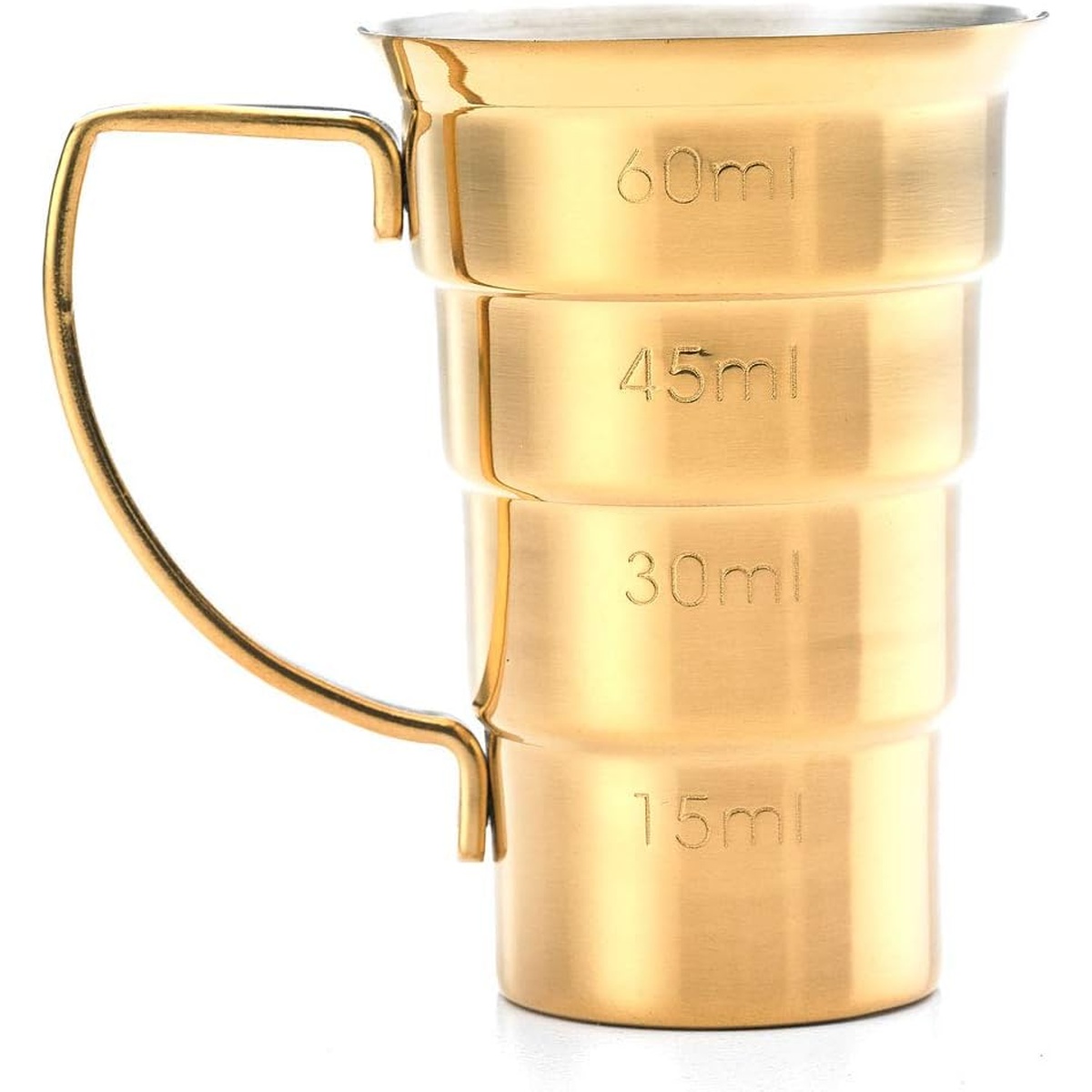 Barfly gold-plated stepped jigger reverse side showing milliliter measurement markings (60ml, 45ml, 30ml, 15ml) with handle