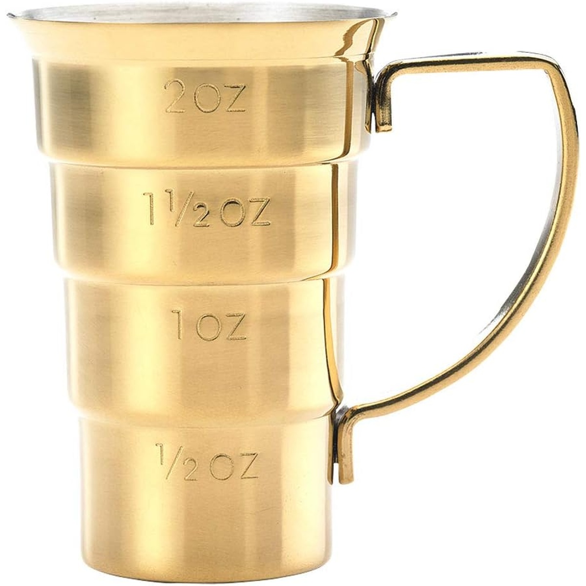 Barfly gold-plated stepped jigger showing oz measurement markings (2oz, 1½oz, 1oz, ½oz) with handle