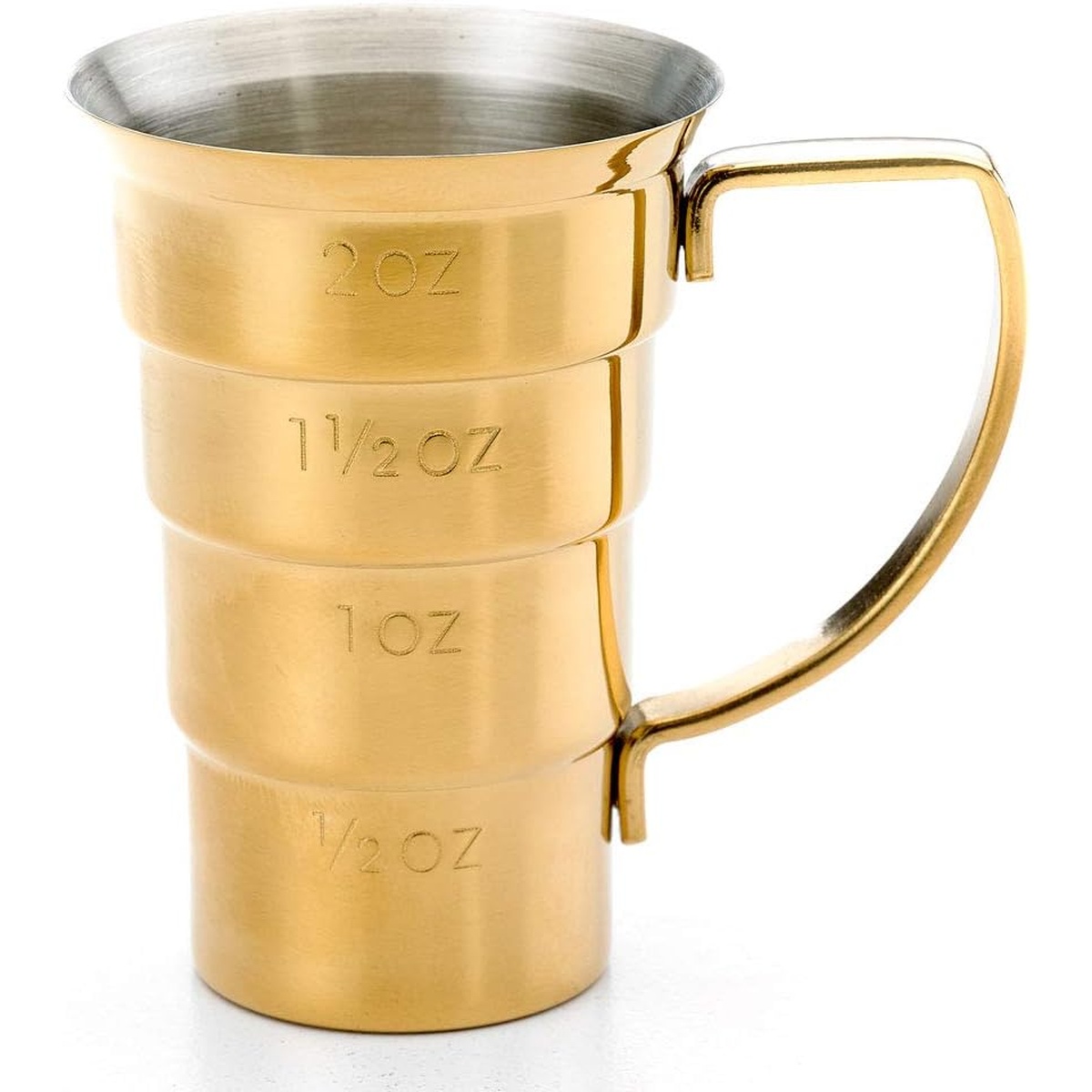 Angled view of Barfly gold-plated stepped jigger showing flared top edge, stainless interior, and ergonomic handle