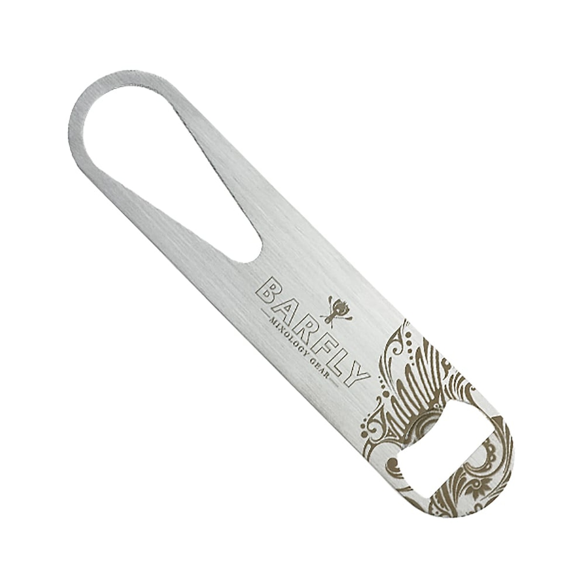 Mercer Culinary Barfly M37122 7-inch stainless steel speed bottle opener with loop handle and decorative engraving