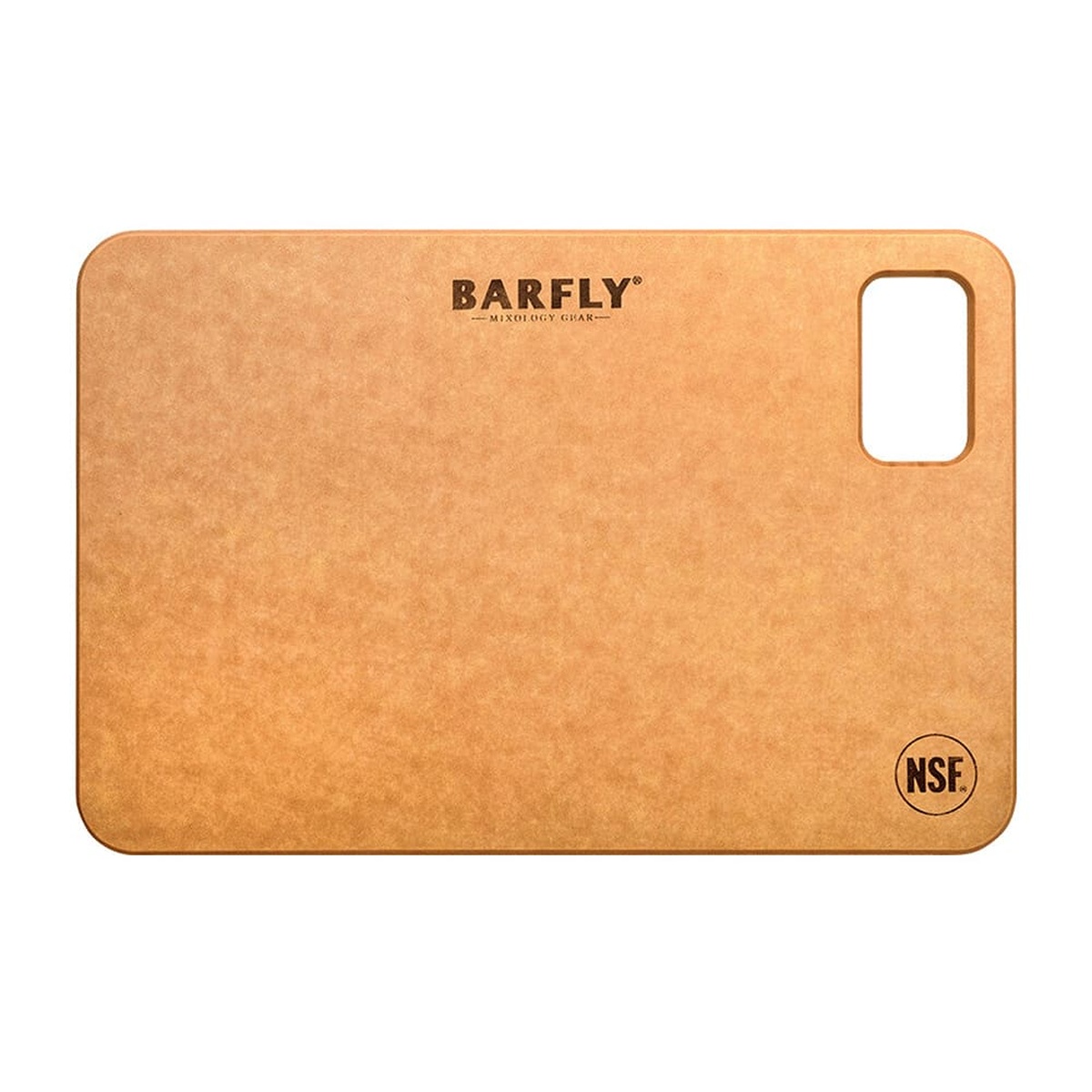 Mercer Culinary Barfly M37137 6x9 inch paper composite bar board showing front surface, NSF mark, and built-in thumb hole