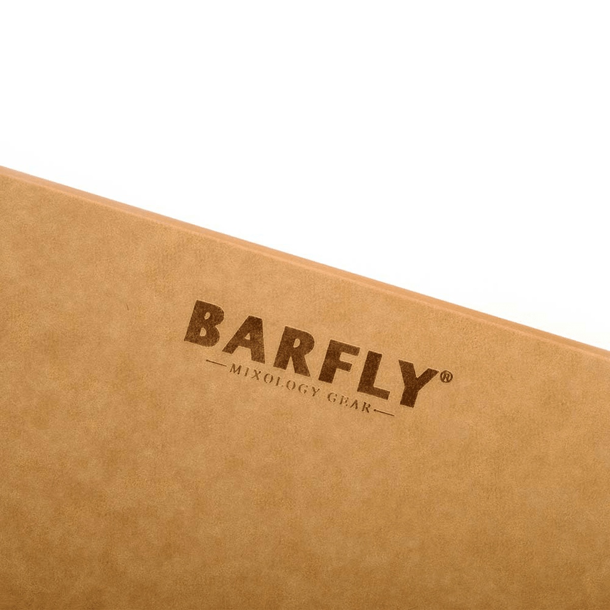 Close-up of Barfly Mixology Gear branding embossed on the natural-tone paper composite surface of the M37137 bar board