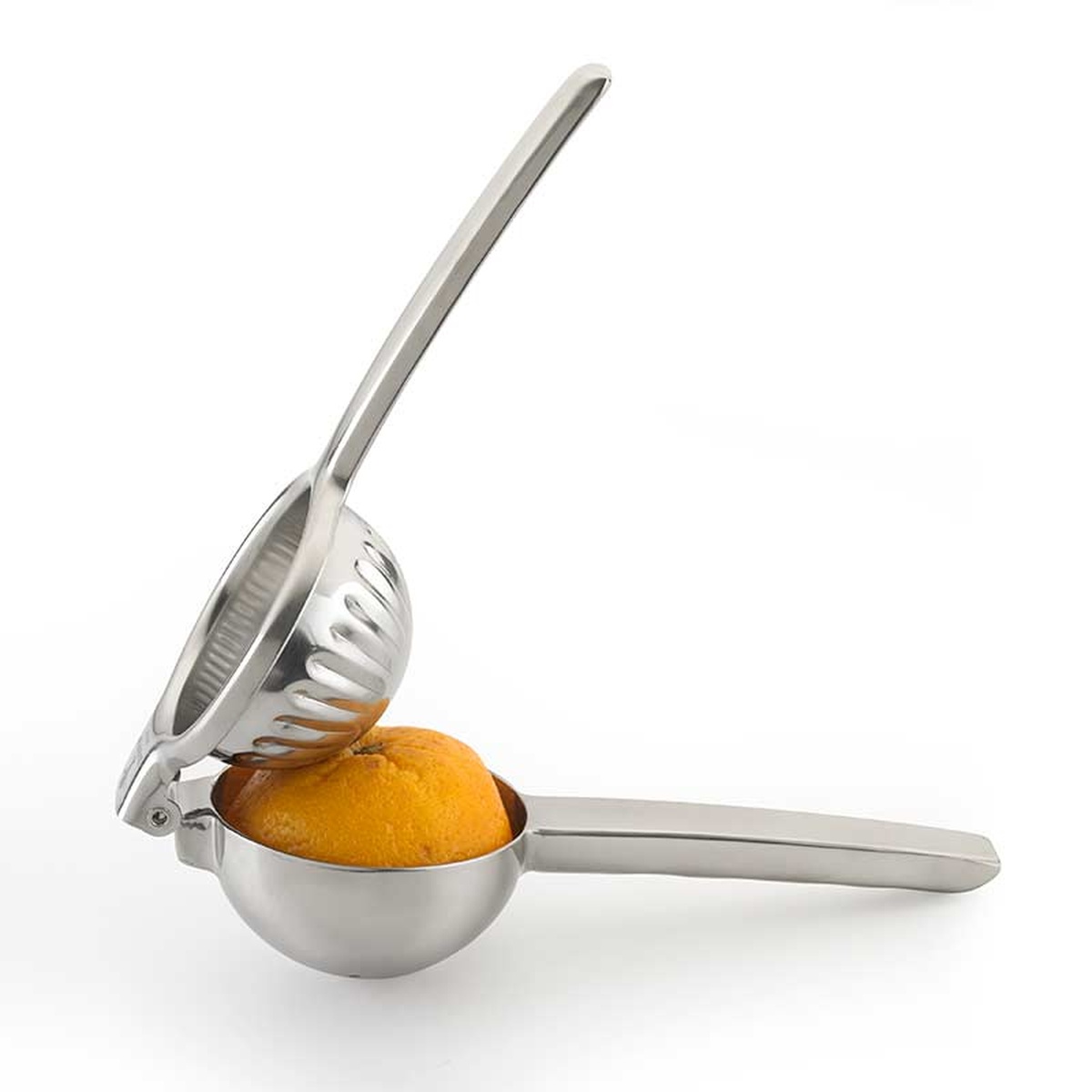 Barfly Deluxe Stainless Steel Juicer open with a citrus fruit resting in the bowl