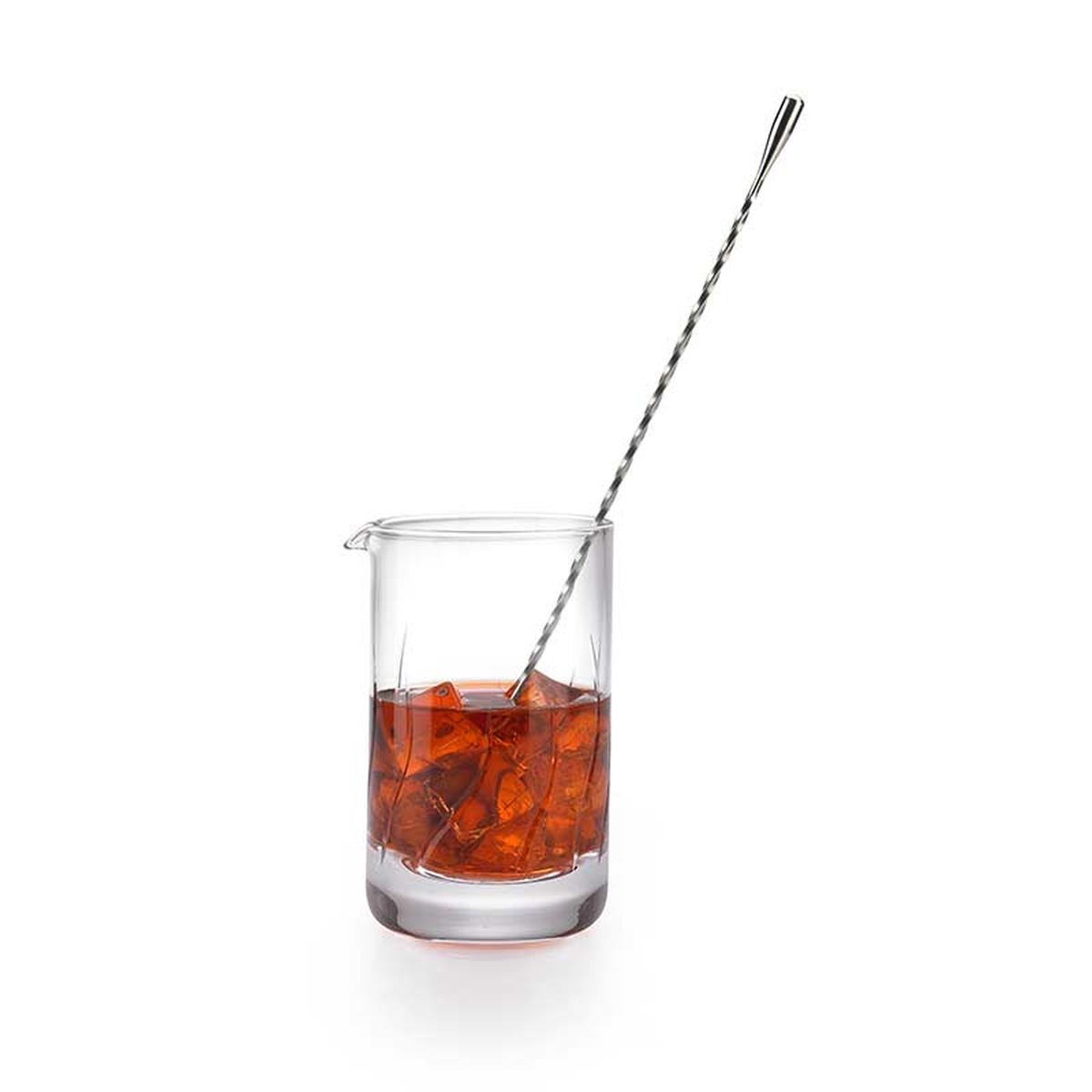 Barfly M37173 mixing glass filled with cocktail and ice being stirred with a bar spoon on white background