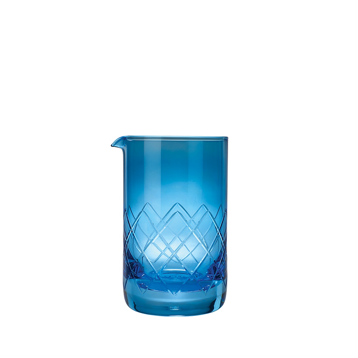 Barfly blue colored mixing glass with diamond-etched base and integral pouring spout, front view