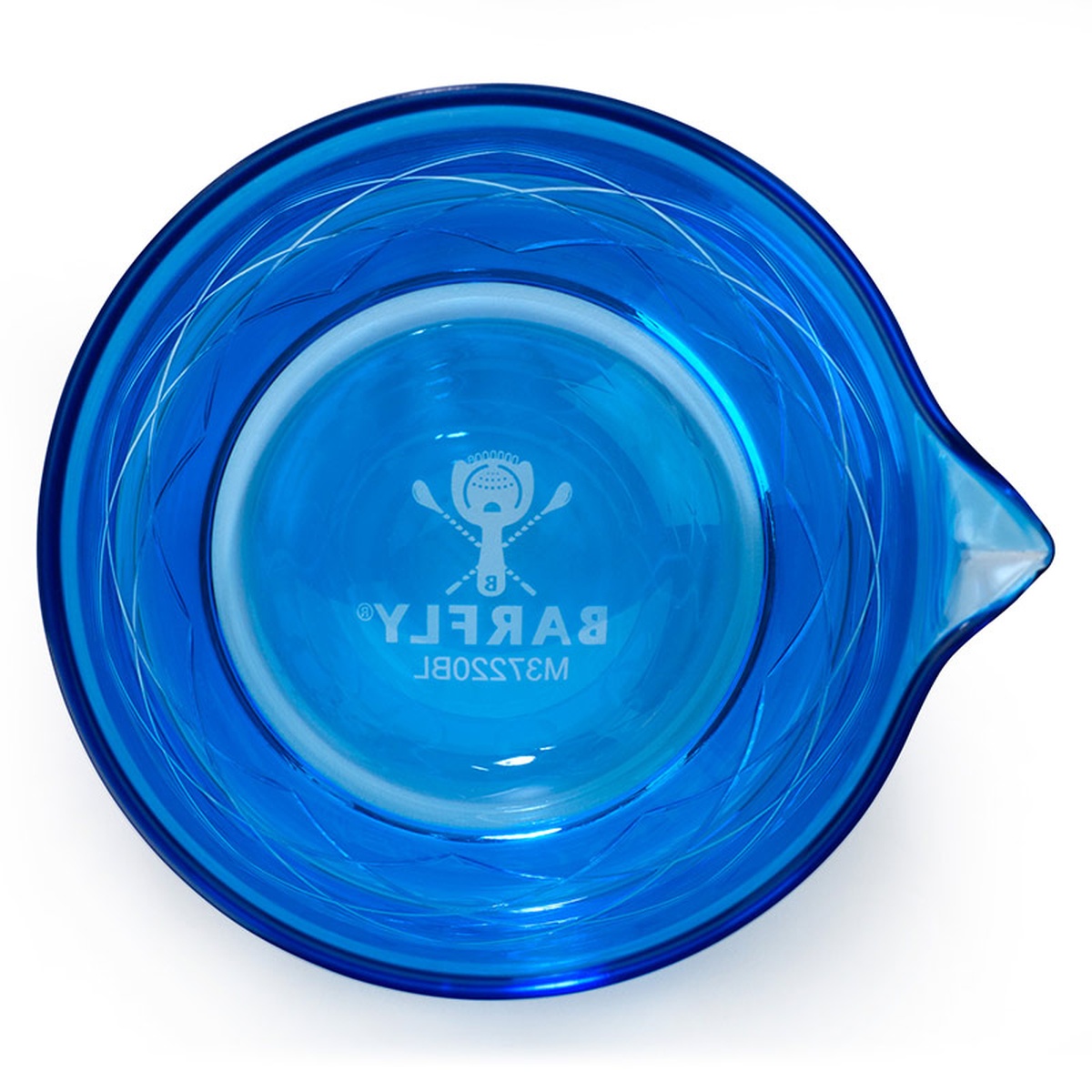Top-down view of Barfly blue mixing glass showing the Barfly brand mark on the weighted base