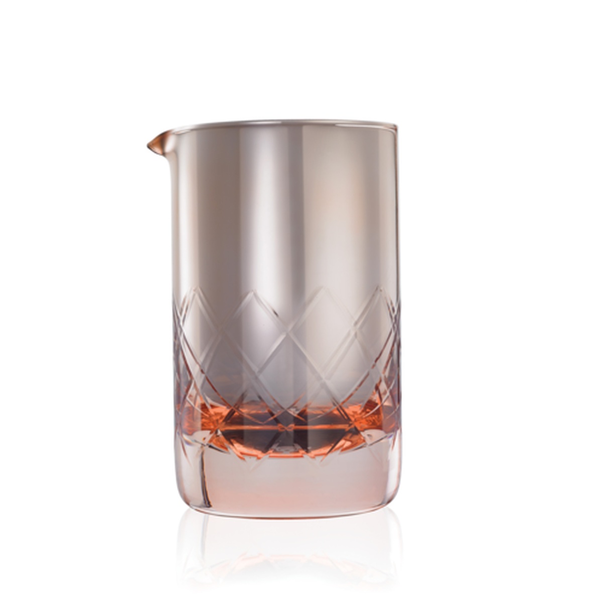 Barfly M37177RS 17 oz mixing glass with rose exterior, diamond-etched lower body, silver reflective interior, and pouring spout