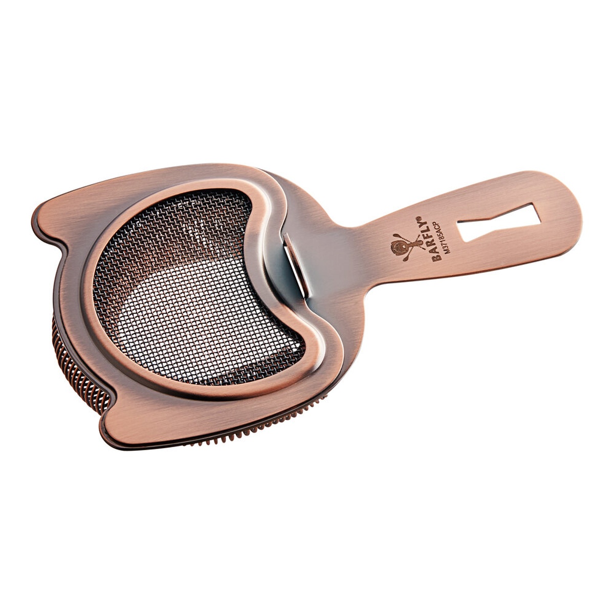 Barfly antique copper fine mesh spring bar strainer showing mesh filter, prongs, finger stop, and hanging hole on handle