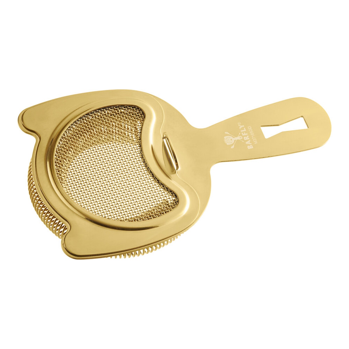Barfly 6-inch gold fine mesh spring bar strainer with 2-prong design and hanging hole on white background