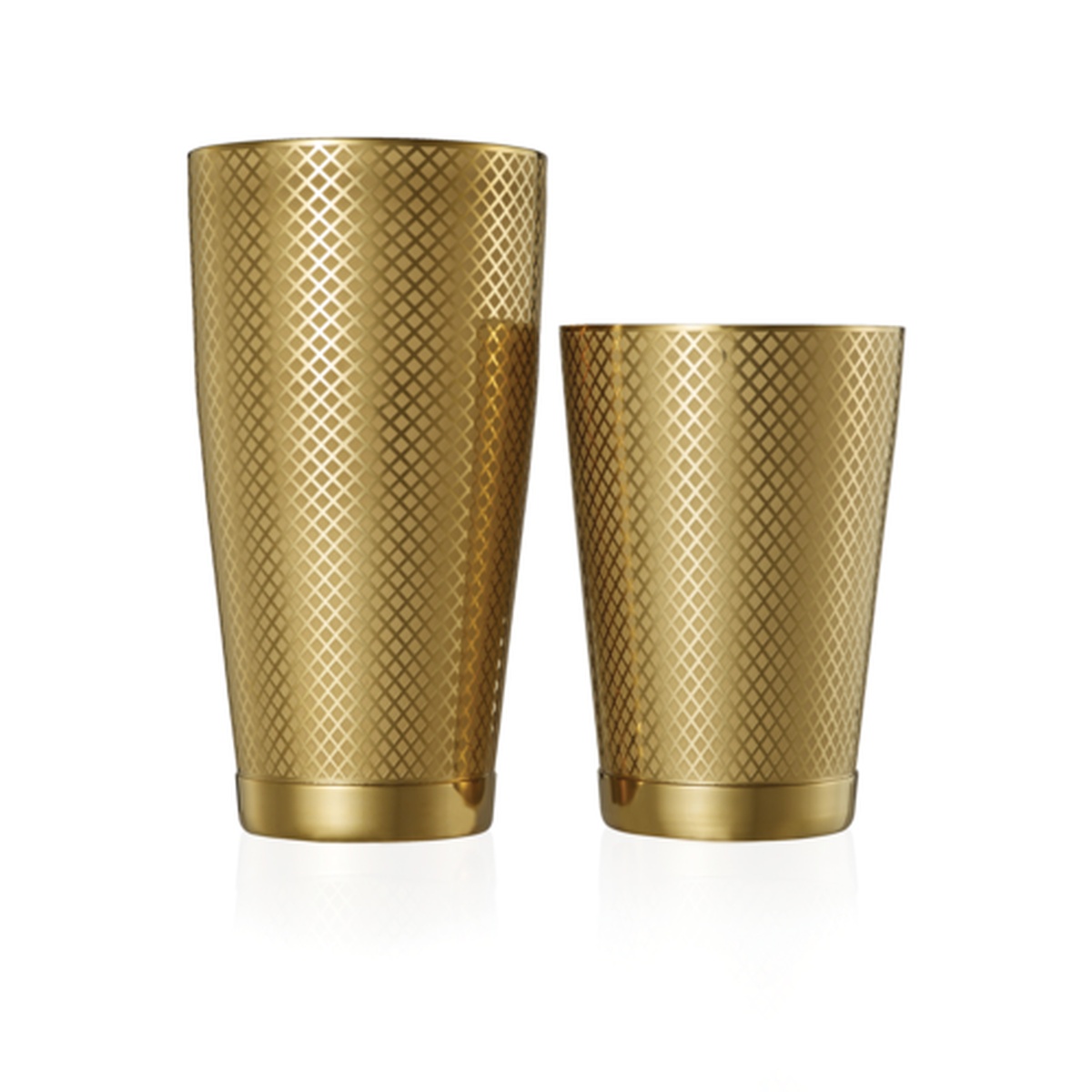 Mercer Culinary Barfly Diamond Lattice Cocktail Shaker Set - 28 oz and 18 oz shakers with gold-plated exterior and etched diamond lattice pattern