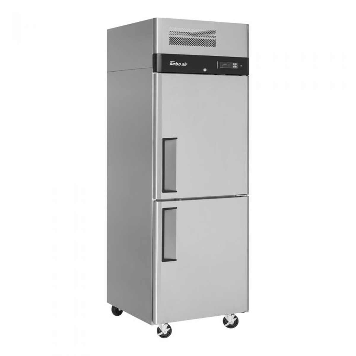 Angled view of Turbo Air M3F24-2 reach-in freezer highlighting top-mounted compressor section