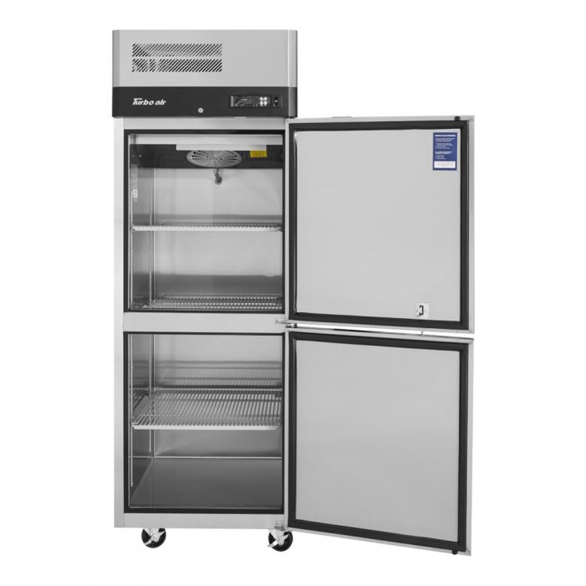 Turbo Air M3F24-2 reach-in freezer with doors open showing adjustable shelves