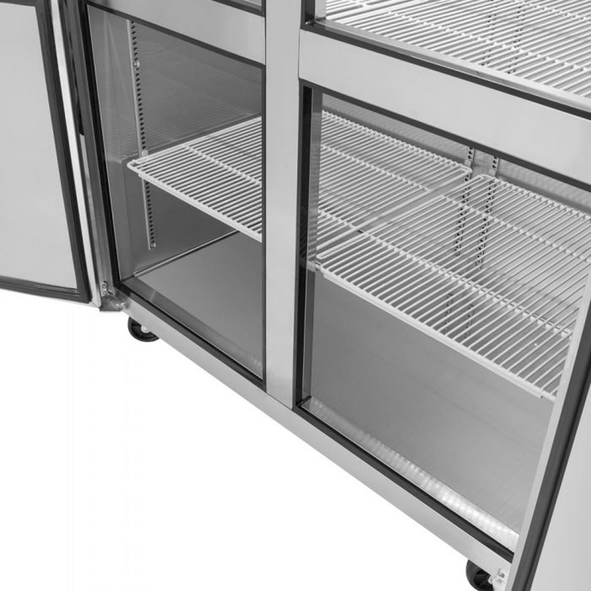 Close-up of PE-coated wire shelves inside the freezer
