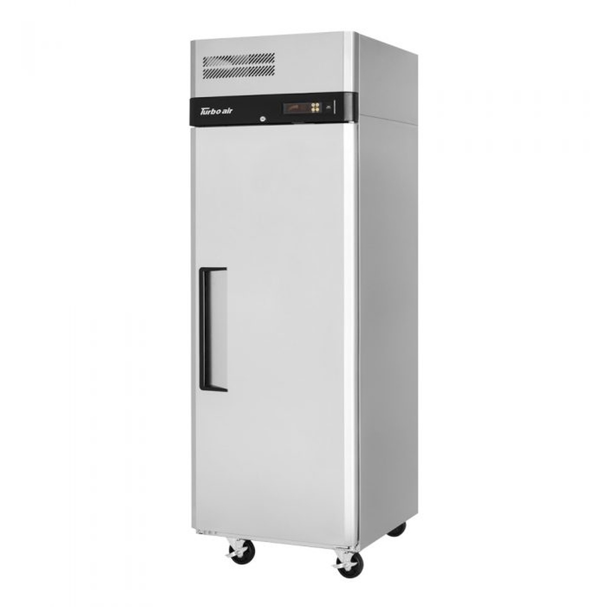 Turbo Air M3R24-1-N solid door refrigerator on casters, exterior front and side view
