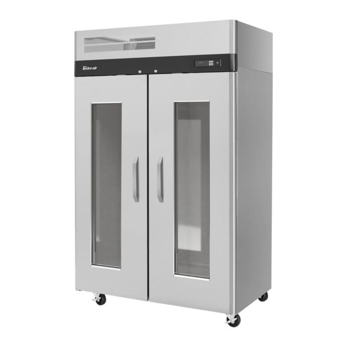 Turbo Air M3R47-2-G-N two-section reach-in refrigerator with two glass-window solid doors and top-mount compressor on casters