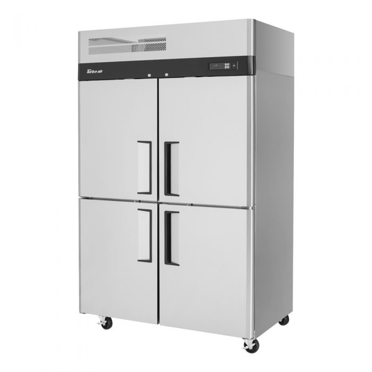 Turbo Air M3R47-4-N reach-in refrigerator with four solid half doors, angled view