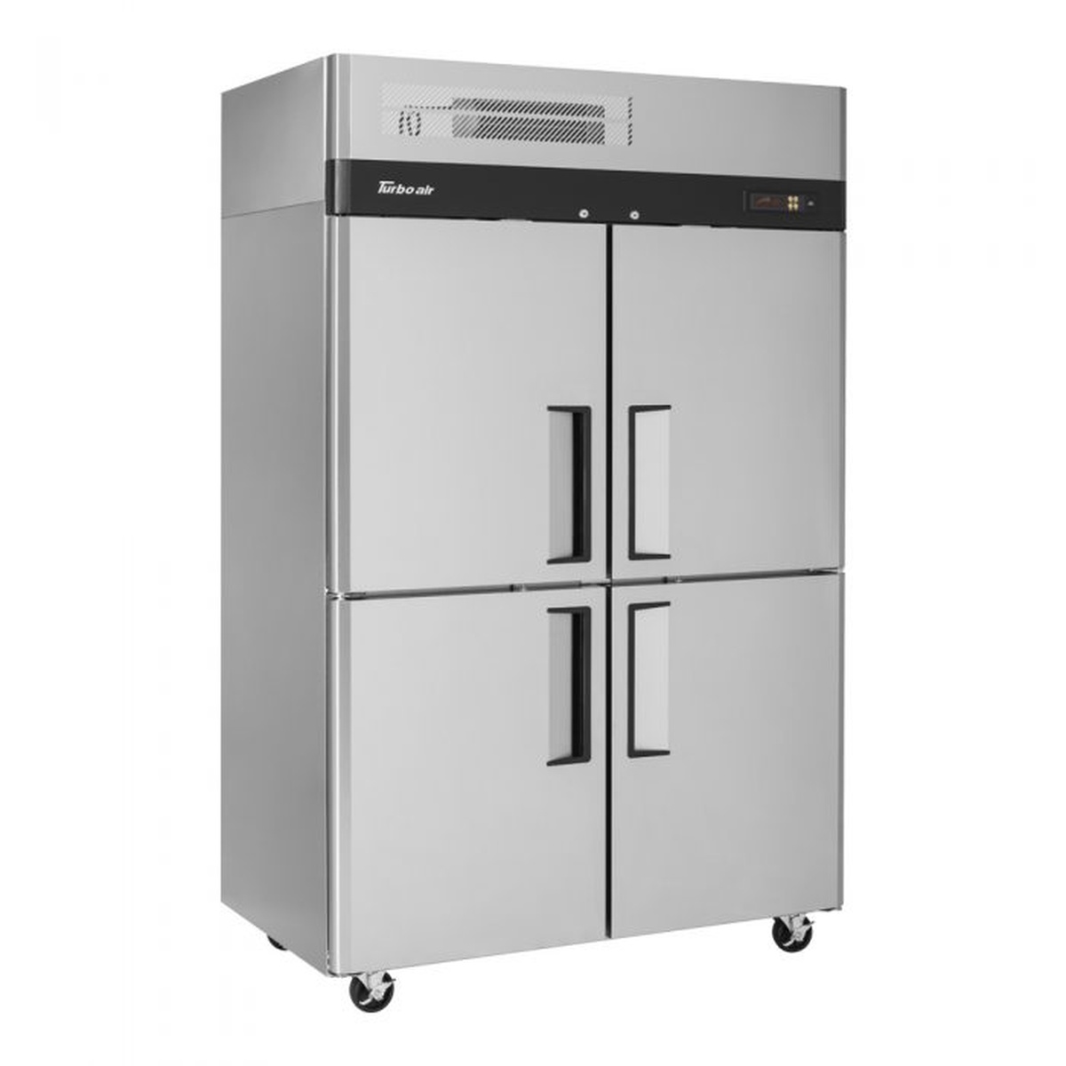 Angled view of Turbo Air M3R47-4-N refrigerator highlighting stainless steel exterior and casters