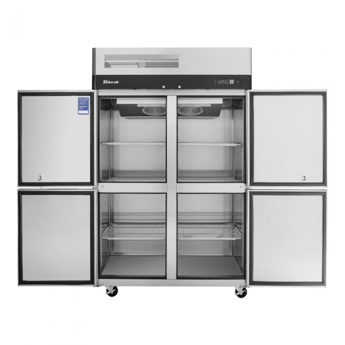 Turbo Air M3R47-4-N refrigerator with doors open showing interior compartments and shelves