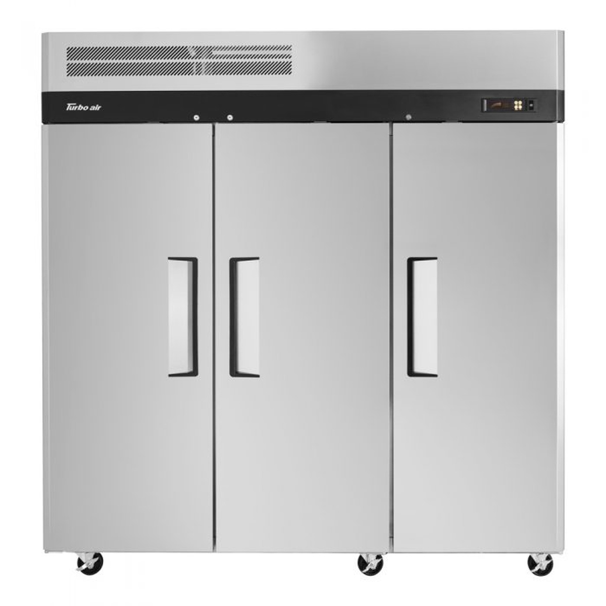 Front view of Turbo Air M3R72-3-N three solid door reach-in refrigerator