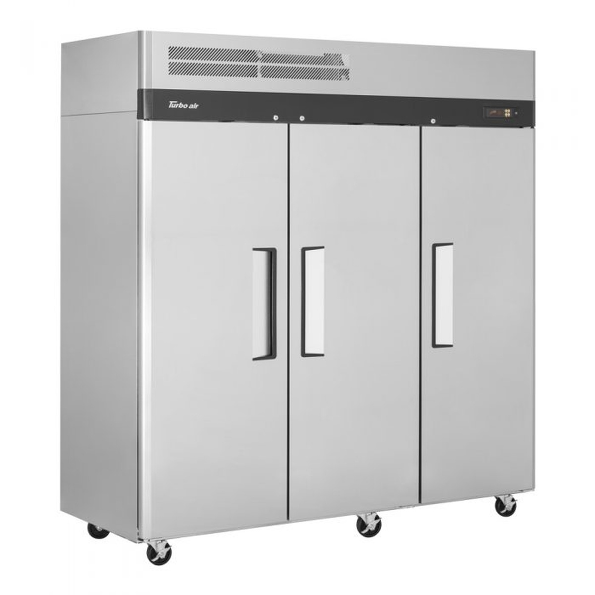 Turbo Air M3R72-3-N three-door reach-in refrigerator, angled view on casters