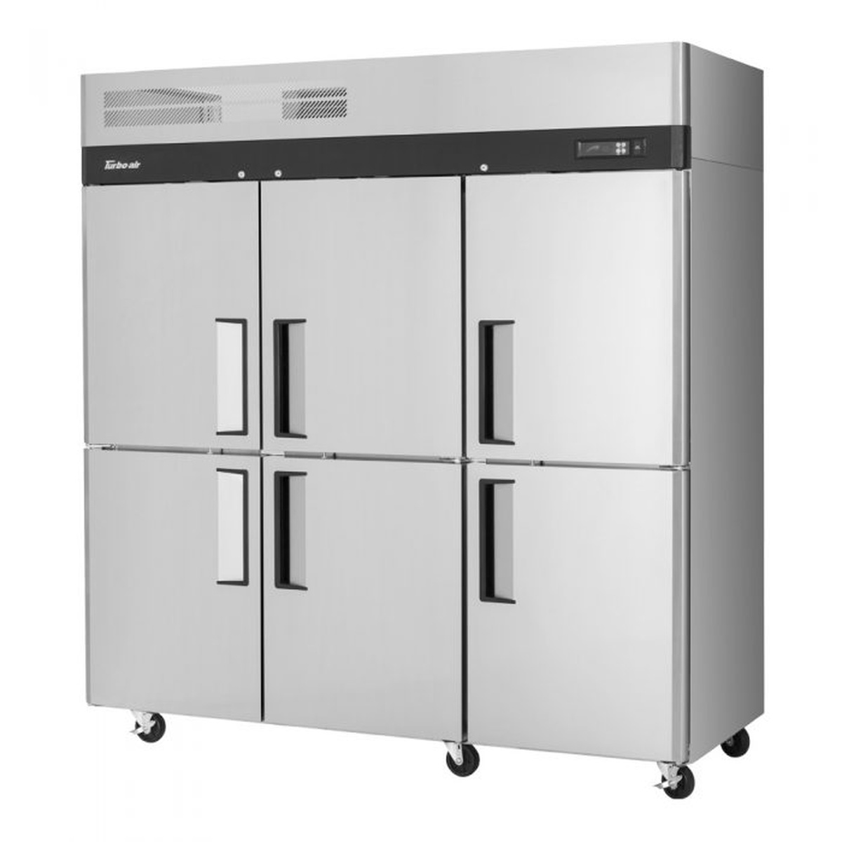 Turbo Air M3R72-6-N three-section reach-in refrigerator with six solid half doors, angled view