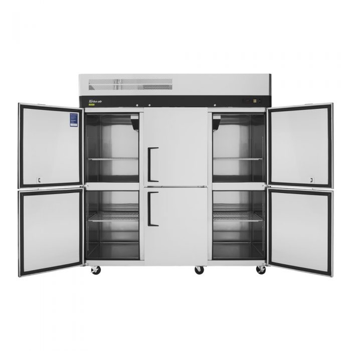 Turbo Air M3R72-6-N reach-in refrigerator with doors open showing interior shelves