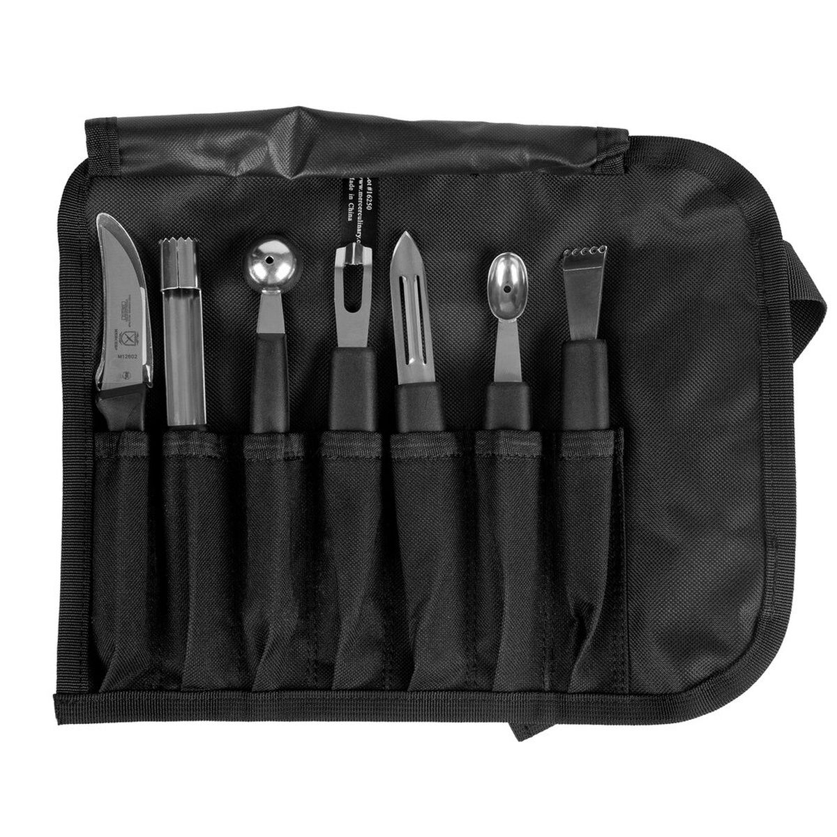 Mercer Culinary M40000 8-piece garnish kit with 7 stainless steel tools displayed in open black canvas storage roll