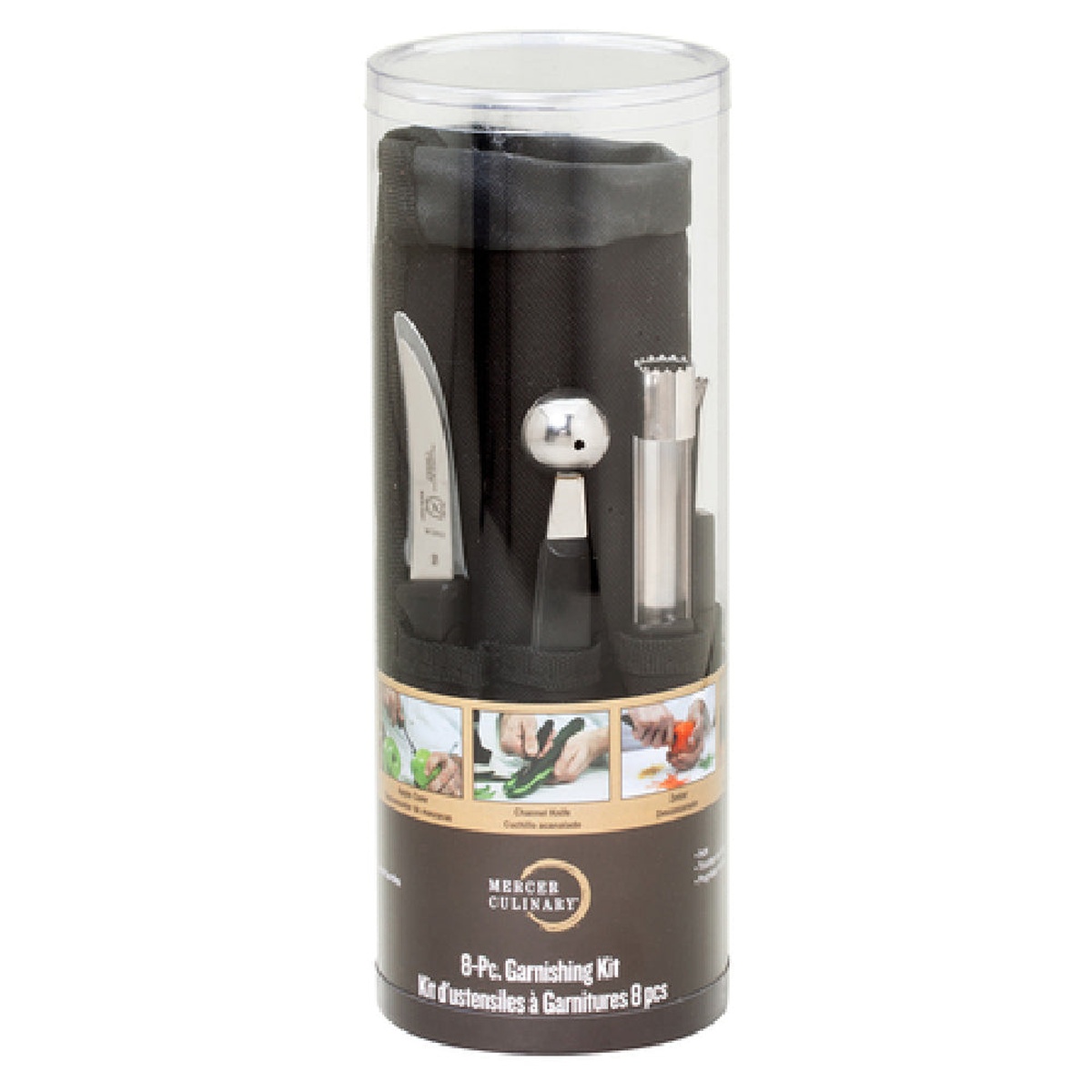 Mercer Culinary M40000P 8-piece garnishing kit in clear tube packaging with black canvas storage roll and stainless steel tools visible