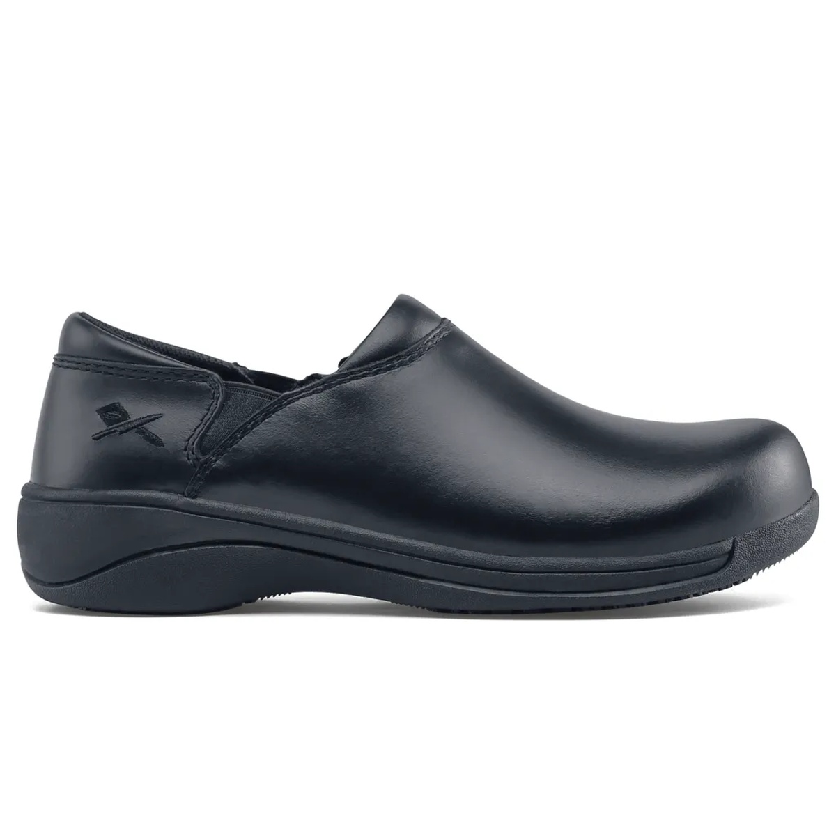 Black MOZO Forza women's slip-on work shoe with water-resistant leather upper