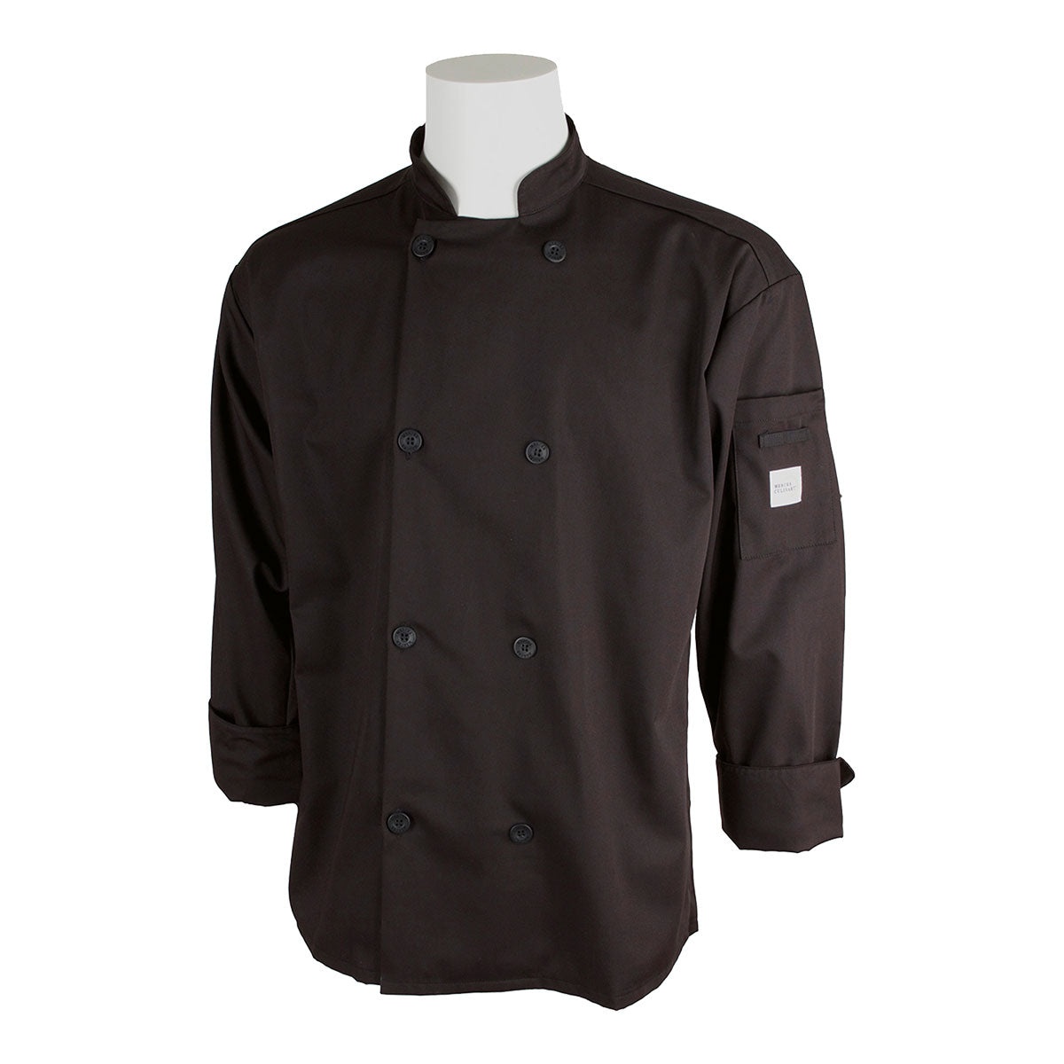 Mercer Culinary Millennia unisex black chef jacket displayed on mannequin showing double-breasted button front, fold-back cuffs, and shoulder pocket