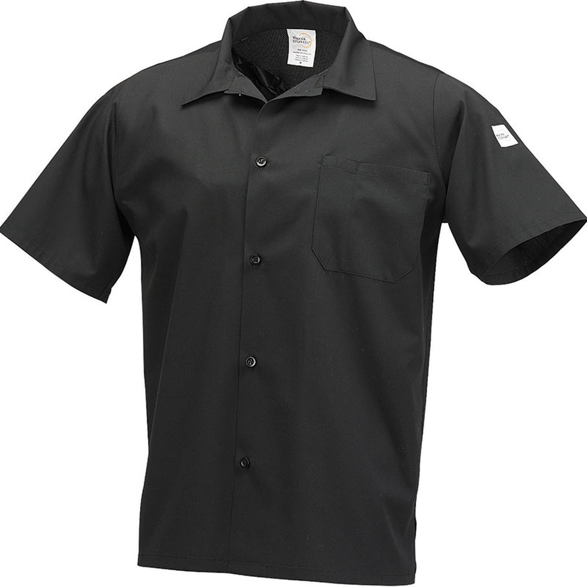 Mercer Culinary Millennia black unisex cook jacket, front view showing buttons and chest pocket