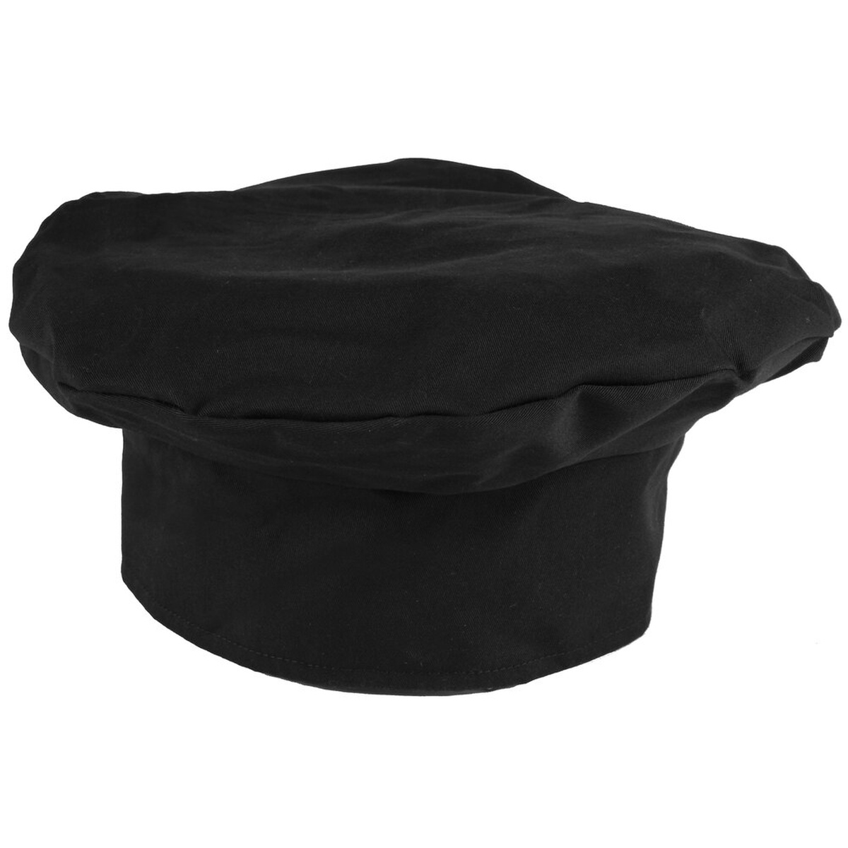 Mercer Culinary Millennia black chef beret shown from the side on a white background
