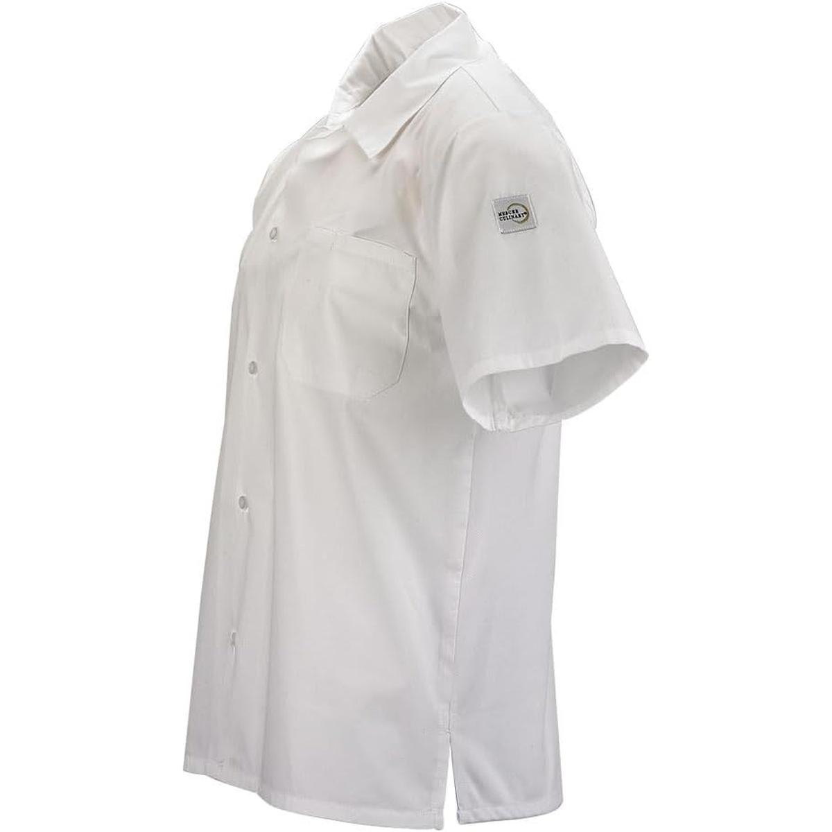 Mercer Culinary white cook shirt side view showing five traditional buttons and brand sleeve patch