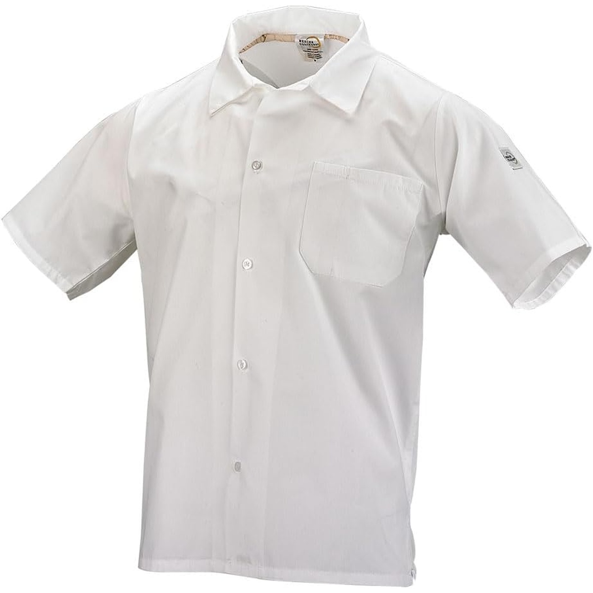 Mercer Culinary Millennia Air white unisex cook shirt, front view showing buttons, collar, and chest pocket