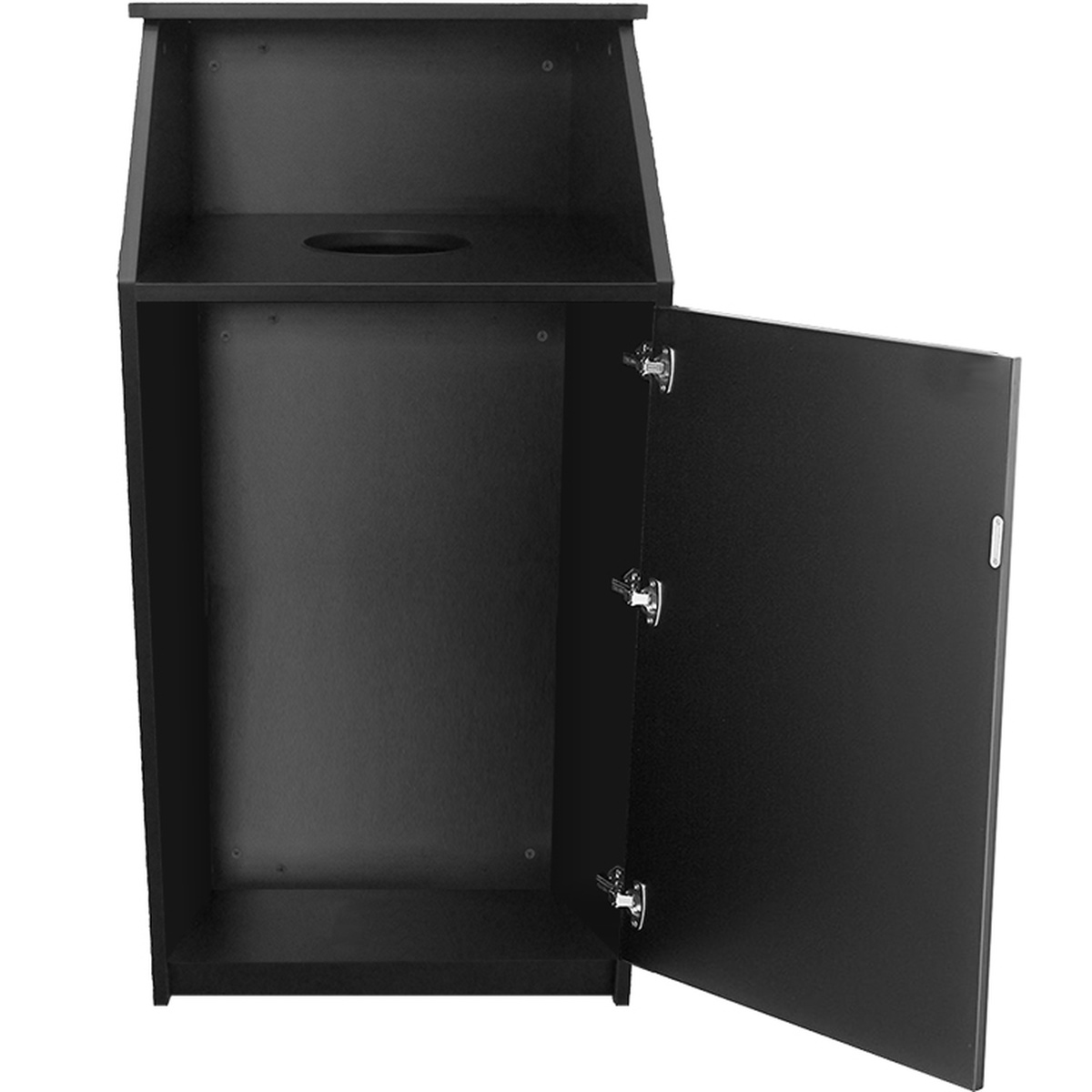 M8510 black laminate waste receptacle with swinging access door open, showing spacious interior and 8-inch waste drop-off hole on angled top