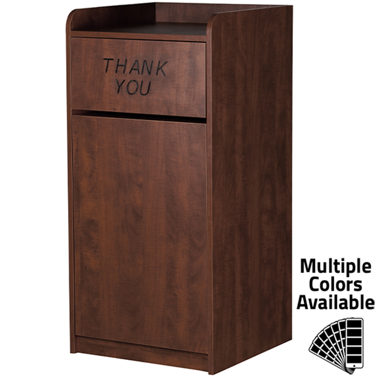 Oak Street M8520 waste receptacle in oak melamine finish with THANK YOU swing door and top tray shelf