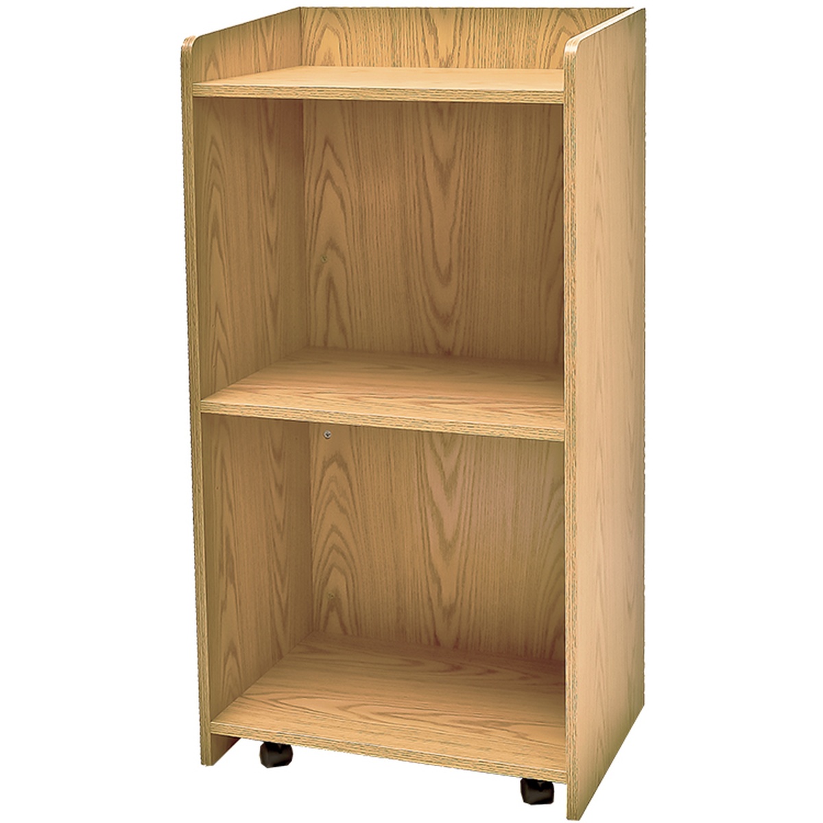 Oak Street M8810 hostess stand interior view showing adjustable mid-shelf, bottom shelf, and locking casters in oak finish