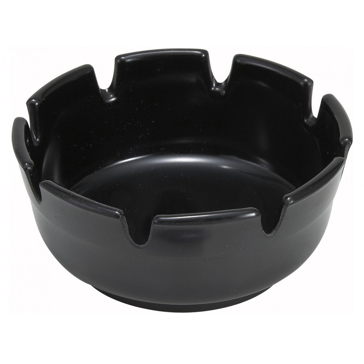 Winco MAS-4K black round Bakelite ashtray with multiple cigarette grooves, viewed from above at a slight angle