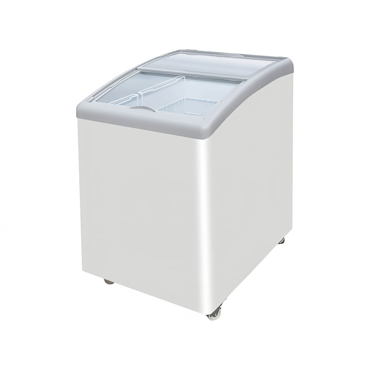 Excellence MB-2HCD white curved-top dual temperature chest display freezer with sliding glass doors and wire baskets on casters