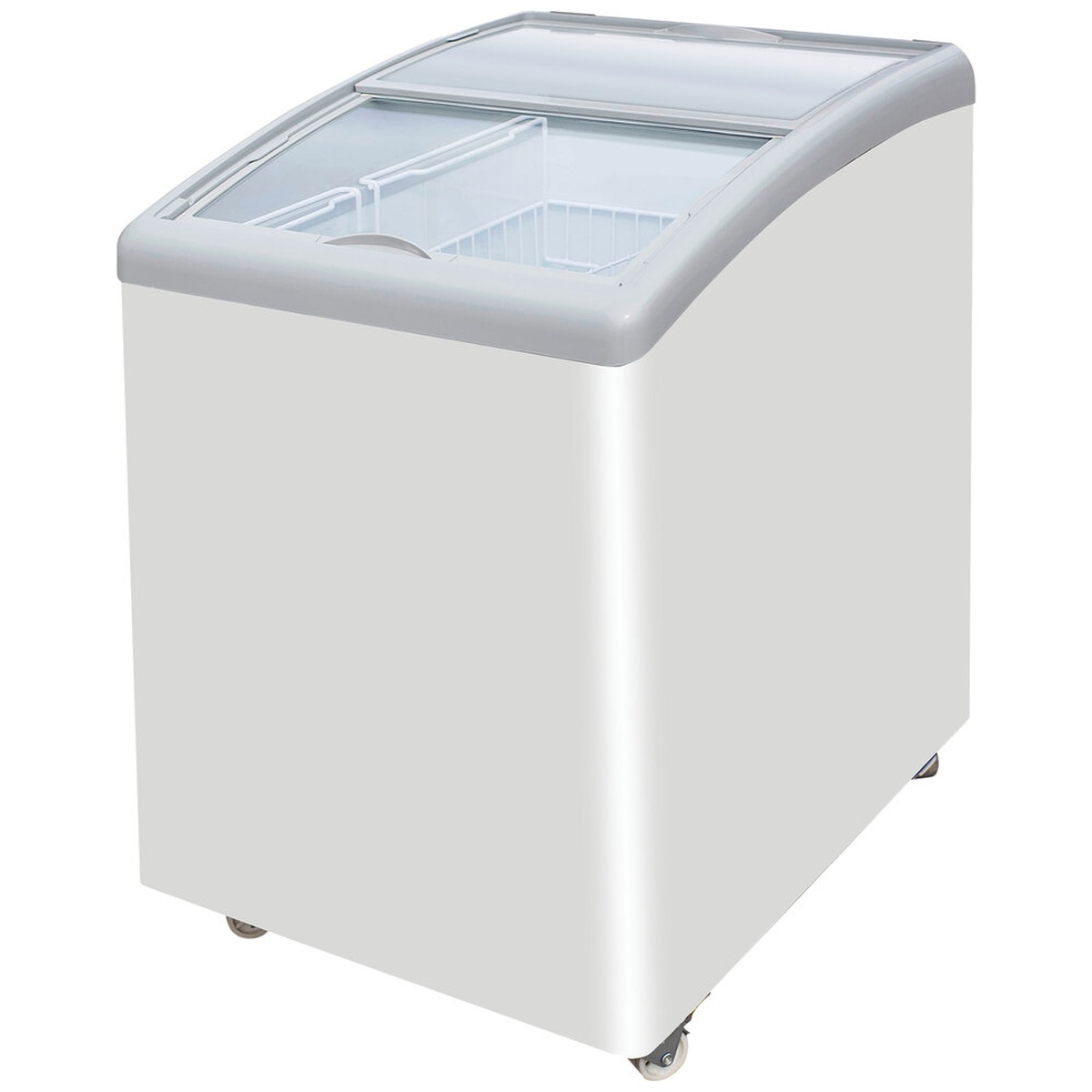 Excellence MB-2HCD white dual-temperature mini bunker chest unit with curved sliding glass top doors and interior wire baskets, mounted on casters