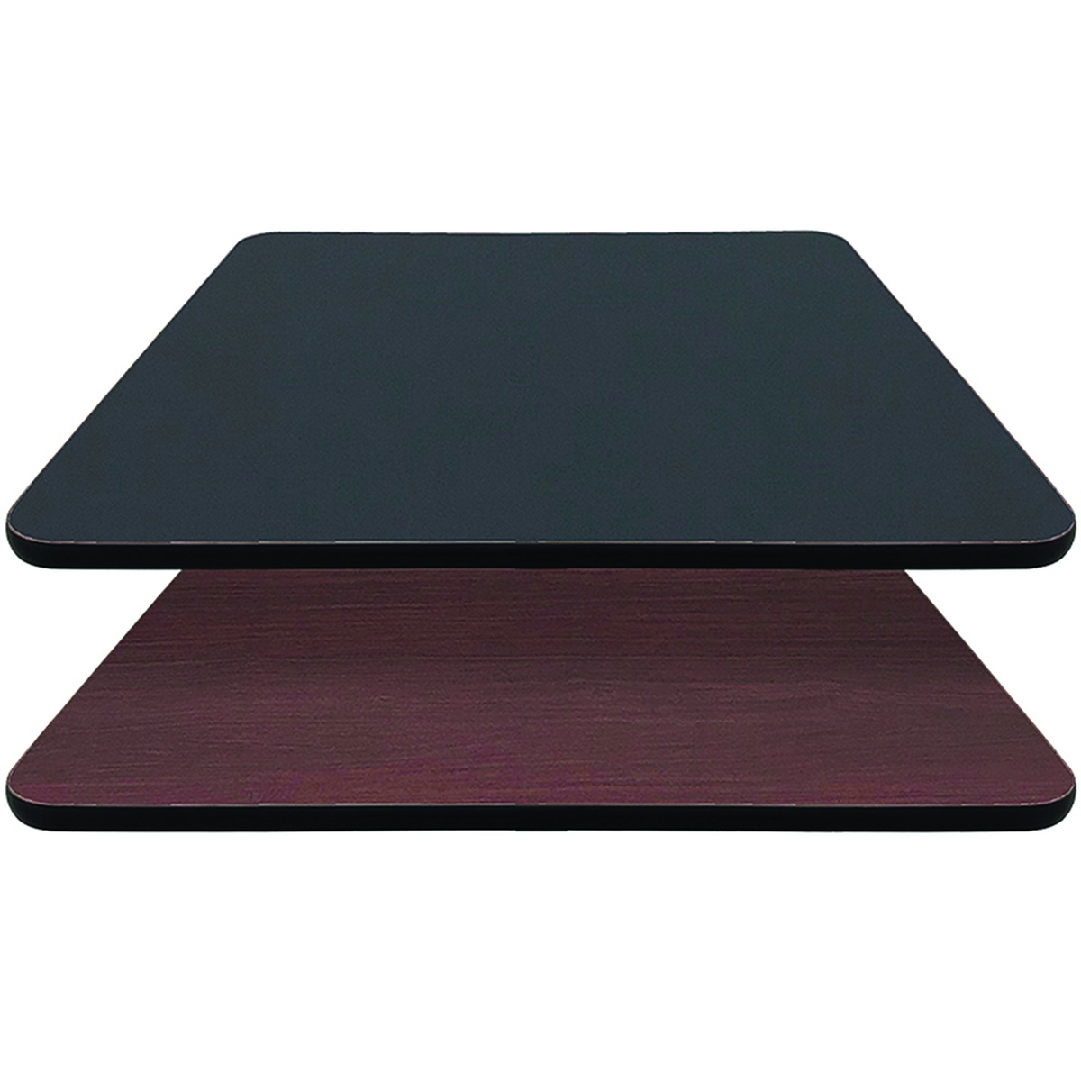 Oak Street MB2424 reversible square melamine table top showing black side and mahogany side