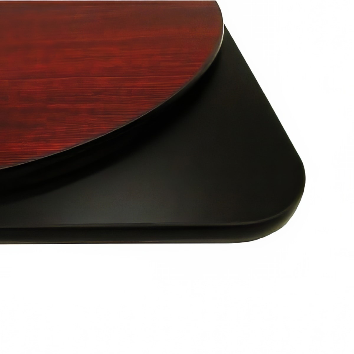 Oak Street MB2442 reversible melamine table top showing mahogany finish on top and black finish on underside with rounded corners and extruded black rubber T-mold edge