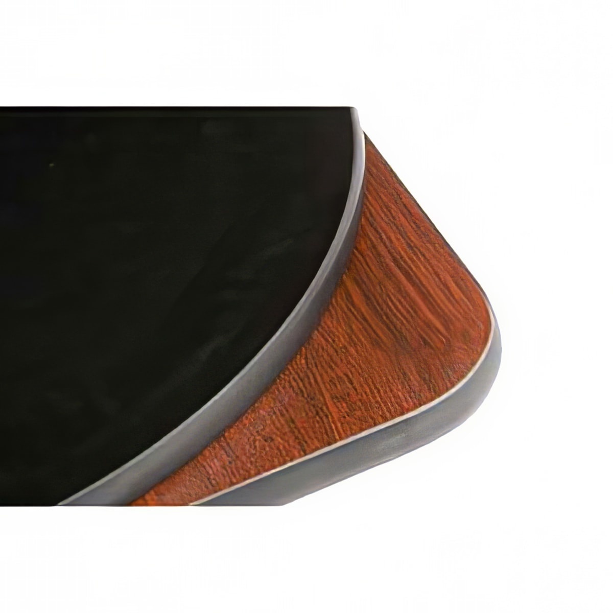 Close-up corner detail of Oak Street MB3030 reversible melamine table top showing black surface on top, mahogany finish on the underside, and black rubber T-mold edge