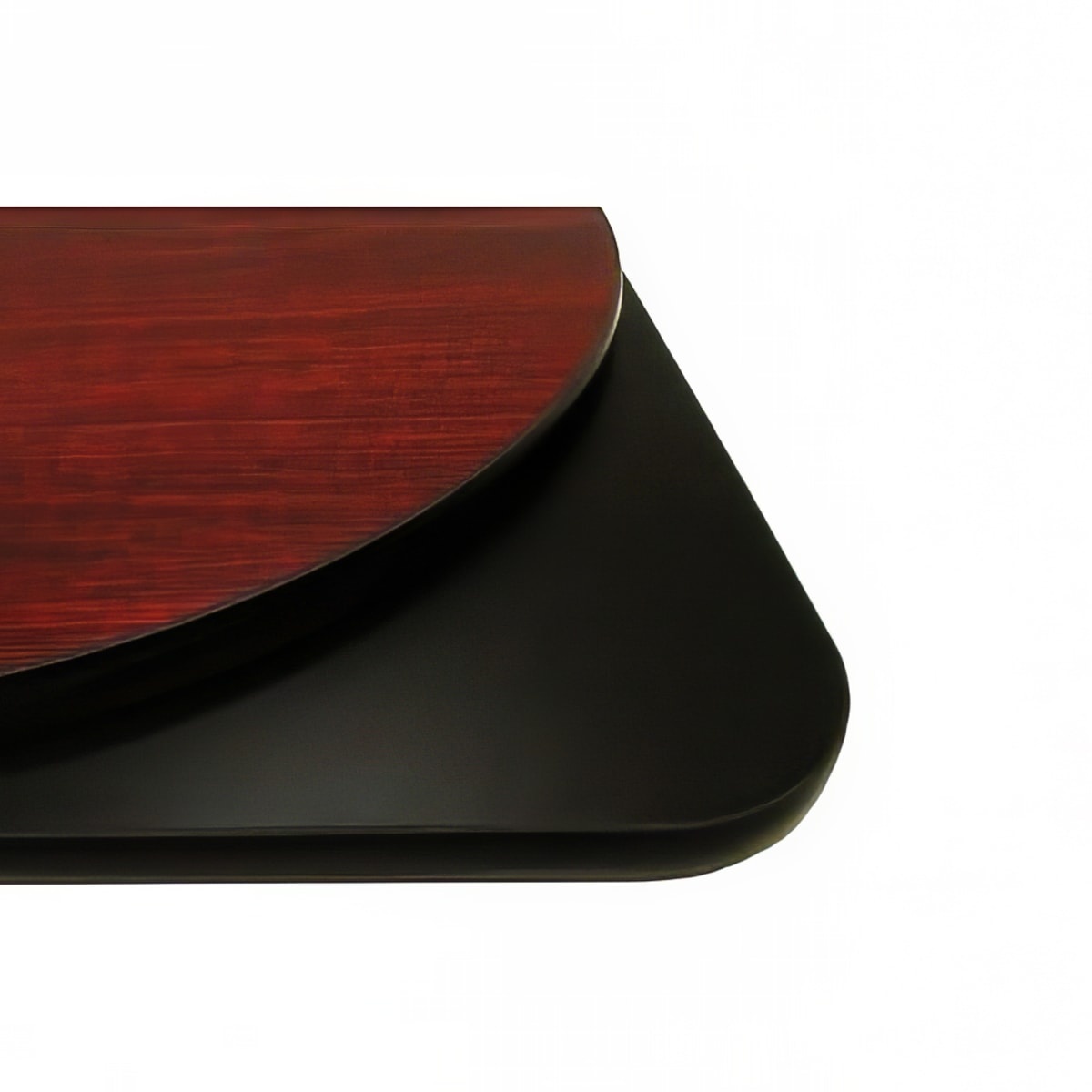 Close-up corner detail of Oak Street MB3048 reversible table top showing mahogany surface on top and black surface underneath with rounded corners and rubber T-mold edge